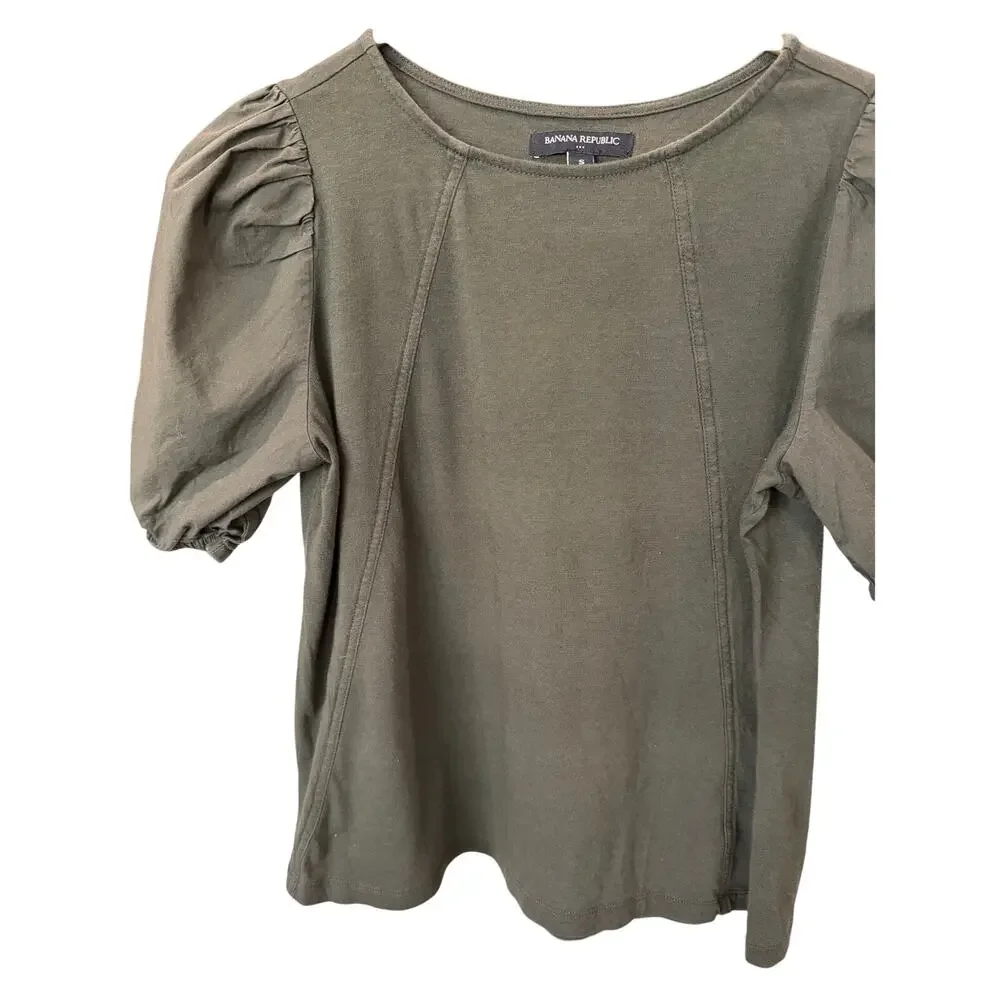 Banana Republic Olive Green Puff Sleeve Tee S Cotton Modal Crewneck Top EUC